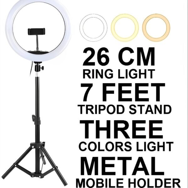 26cm Led Ring Light With Mobile Holder, 7ft Tripod Stand, 3 Light Colors, Dimmable Usb Selfie Ring Light For Videography And Photograph