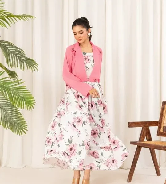 2 Pcs Stylish Floral Print Maxi Dress With Pink Jacket – Women’s Western Wear – Floral Maxi