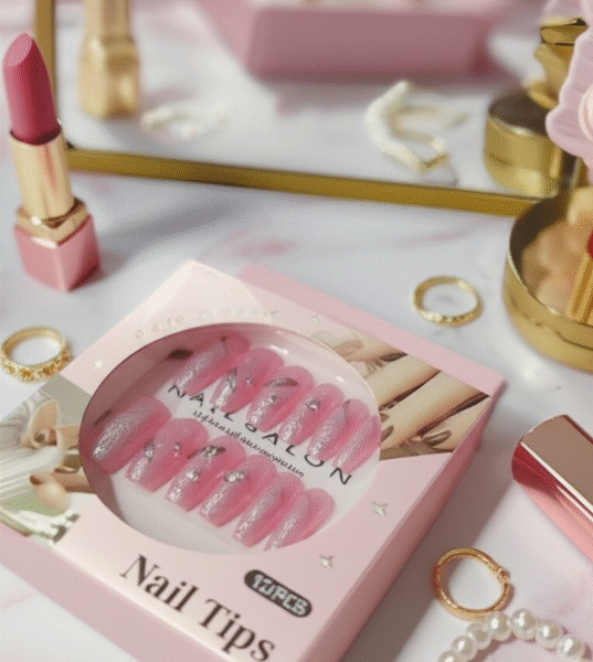 Luxury Pink Nail Tips Set – 12 Pcs False Nails With Glitter & Rhinestone Design | Elegant Salon-style Press-on Nails For Parties, Weddings & Everyday Fashion