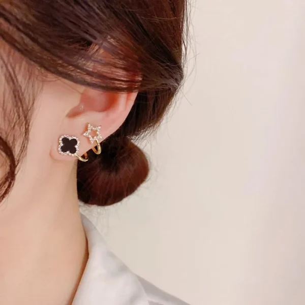 Sparkling Clover Star Earrings – Gold Plated Fashion Jewelry with Black Enamel & Crystal Detailing ( PXJ-107) - Silver